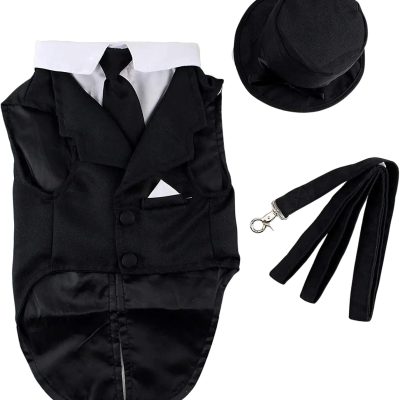 Midlee Dog Tuxedo Wedding Suit- Black Top Hat & Leash