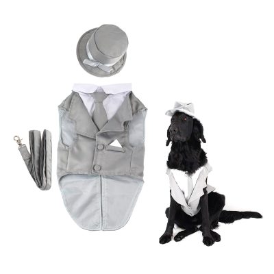 Midlee Dog Tuxedo Wedding Suit- Gray Top Hat & Leash